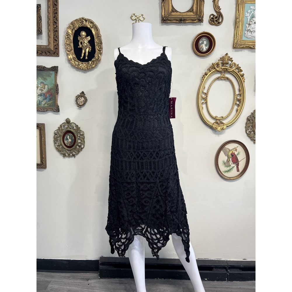 Marina Black Beaded Lace Slip Midi Dress Spaghetti Strap Asymmetric Hem Sz 4 NWT